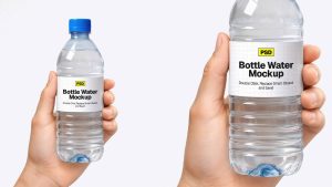 500mL hand holding water bottle mockup PSD with editable label and customizable background for beverage branding