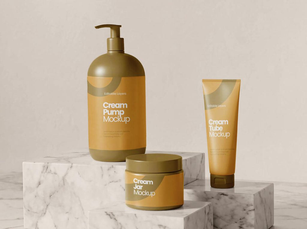 free cosmetic branding mockup PSD bottle jar tube 2 angles skincare download