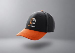 Baseball cap mockup PSD with logo branding on black and orange hat floating in studio background