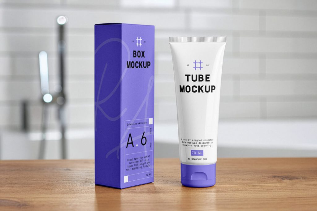 Free Cosmetic Cream Tube With Box Packaging Mockup PSD