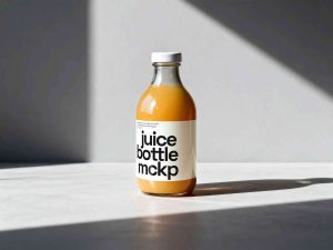 Glass juice bottle mockup with realistic lighting and shadows for beverage packaging branding presentation