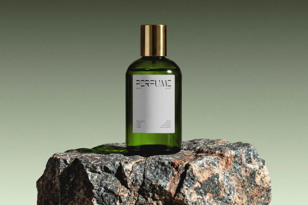 Free Glass Perfume Bottle Mockup On Stone Base