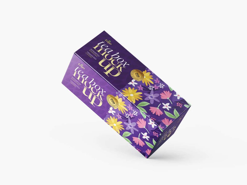 Tea box packaging mockup PSD with floral design for tea, cookies, and biscuit product branding presentation