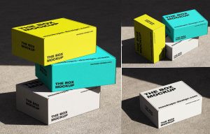 Mailer box mockup PSD for corrugated shipping box branding and packaging presentation in Photoshop