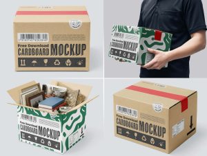 Carton Box Cardboard Mockup PSD for shipping box packaging and courier branding presentation