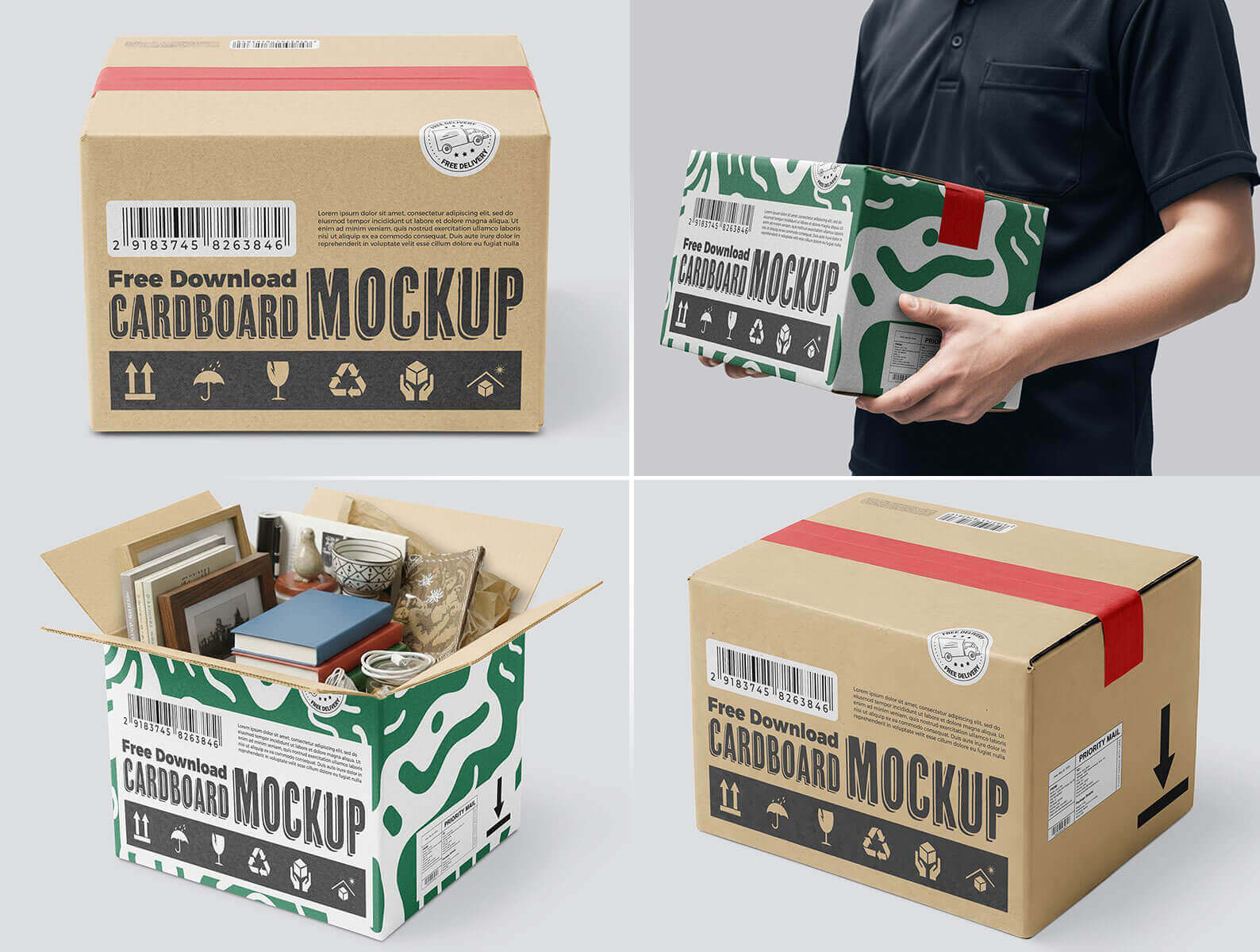 4 Free Carton Box Cardboard Mockup PSD for Shipping Packaging