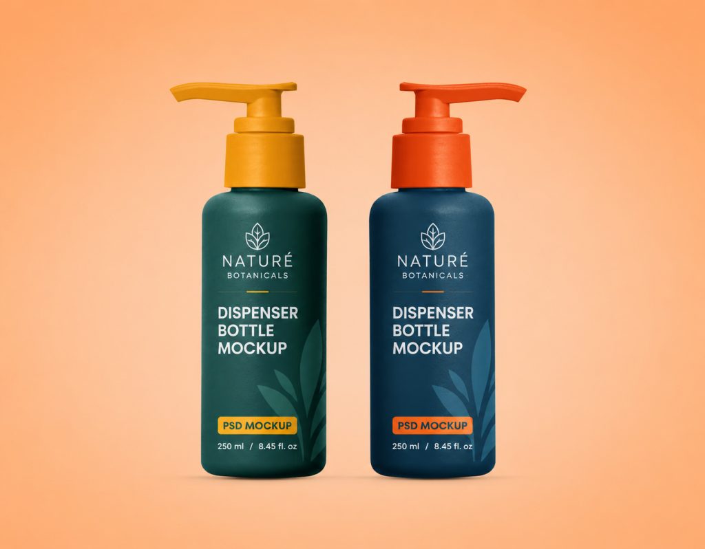 Free Dispenser Pump Bottle Mockup PSD Cosmetic Packaging