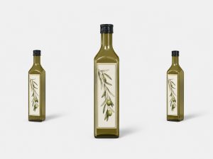 Oil Bottle PSD Mockup for olive oil packaging and glass bottle branding presentation in Photoshop