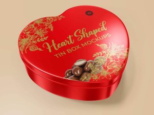 Heart Shape Tin Gift Box Mockup PSD for chocolate packaging and luxury gift branding presentation