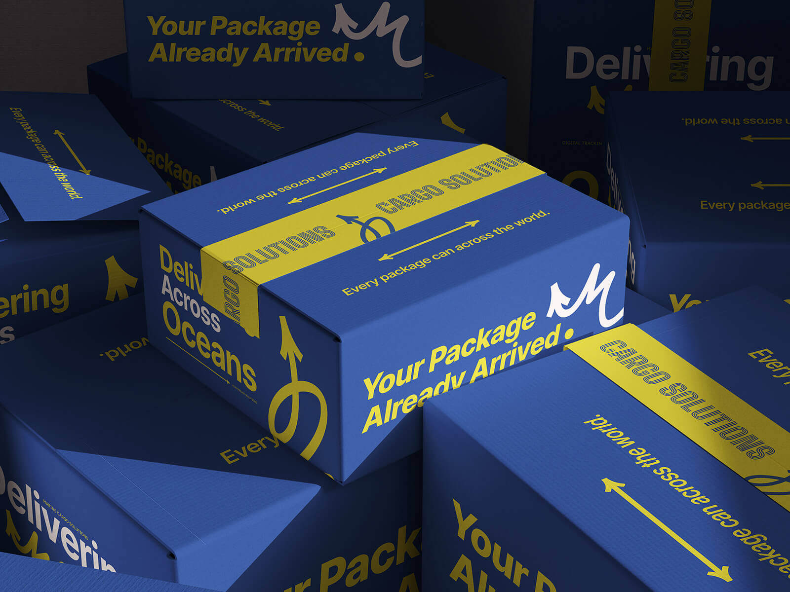 Delivery Box Mockup PSD featuring branded shipping boxes for courier and e-commerce packaging presentations