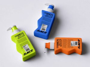 Pump bottle cosmetic branding mockup PSD with colorful skincare spray bottles and editable packaging labels