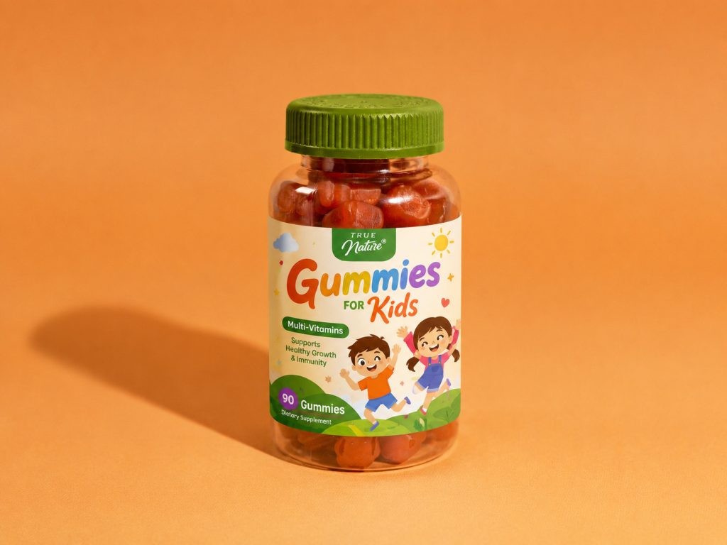 Pacagemockup Free Gummies Vitamin Bottle Label Mockup PSD