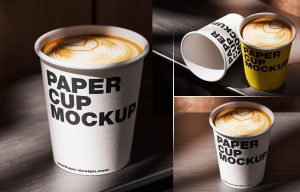 Paper Coffee Cup Mockup PSD with latte art for cafe branding and takeaway beverage packaging