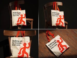 Canvas Tote Bag mockup PSD featuring fabric shopping bags on wooden chairs for branding presentations