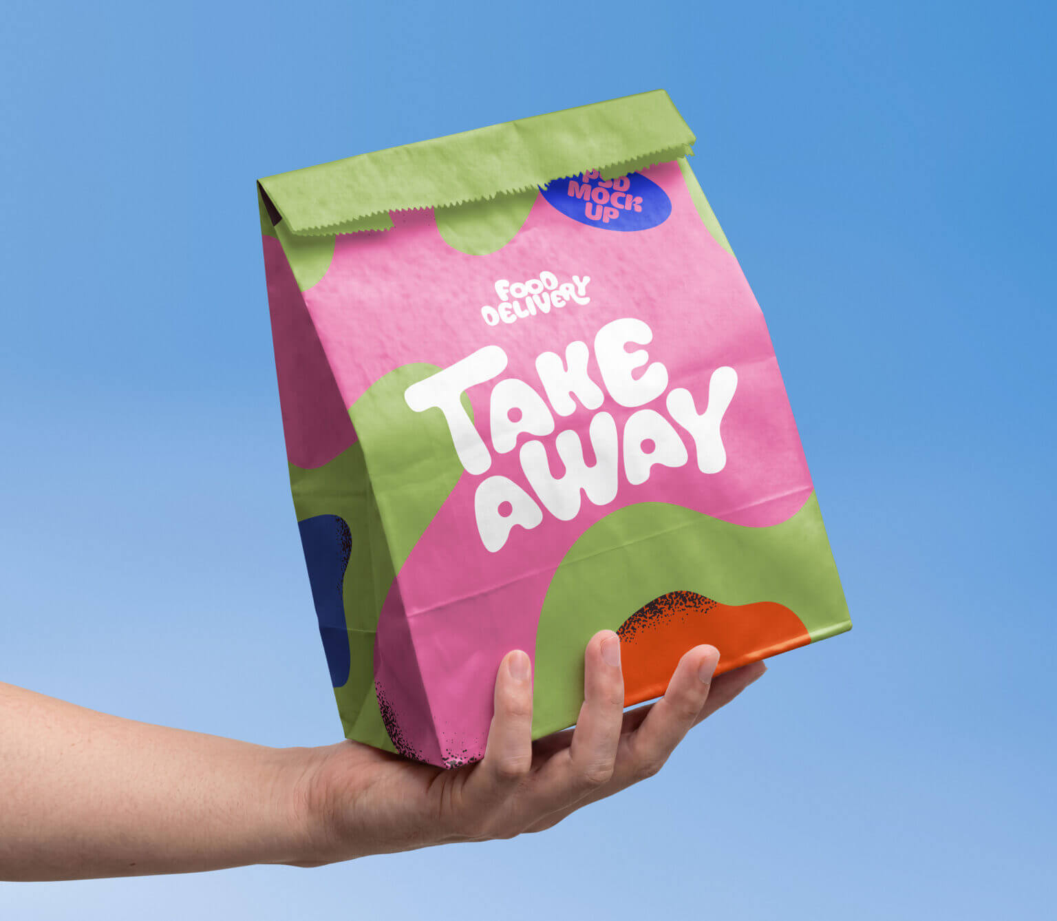 Delivery paper bag mockup PSD held in hand for food delivery and takeaway branding design