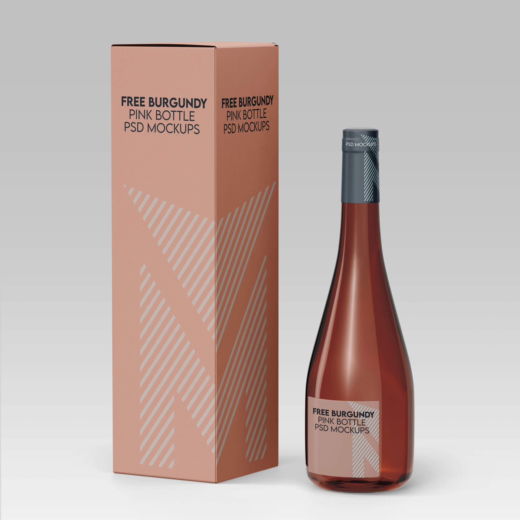 Free Burgundy Pink Wine Bottle Packaging Mockup PSD with matching box for premium wine branding in Photoshop