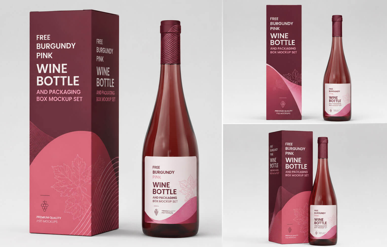 Free Burgundy Pink Wine Bottle Packaging Mockups set PSD