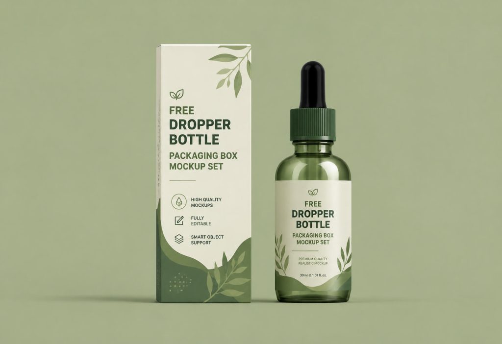 free dropper bottle packaging box mockup PSD set serum bottle download