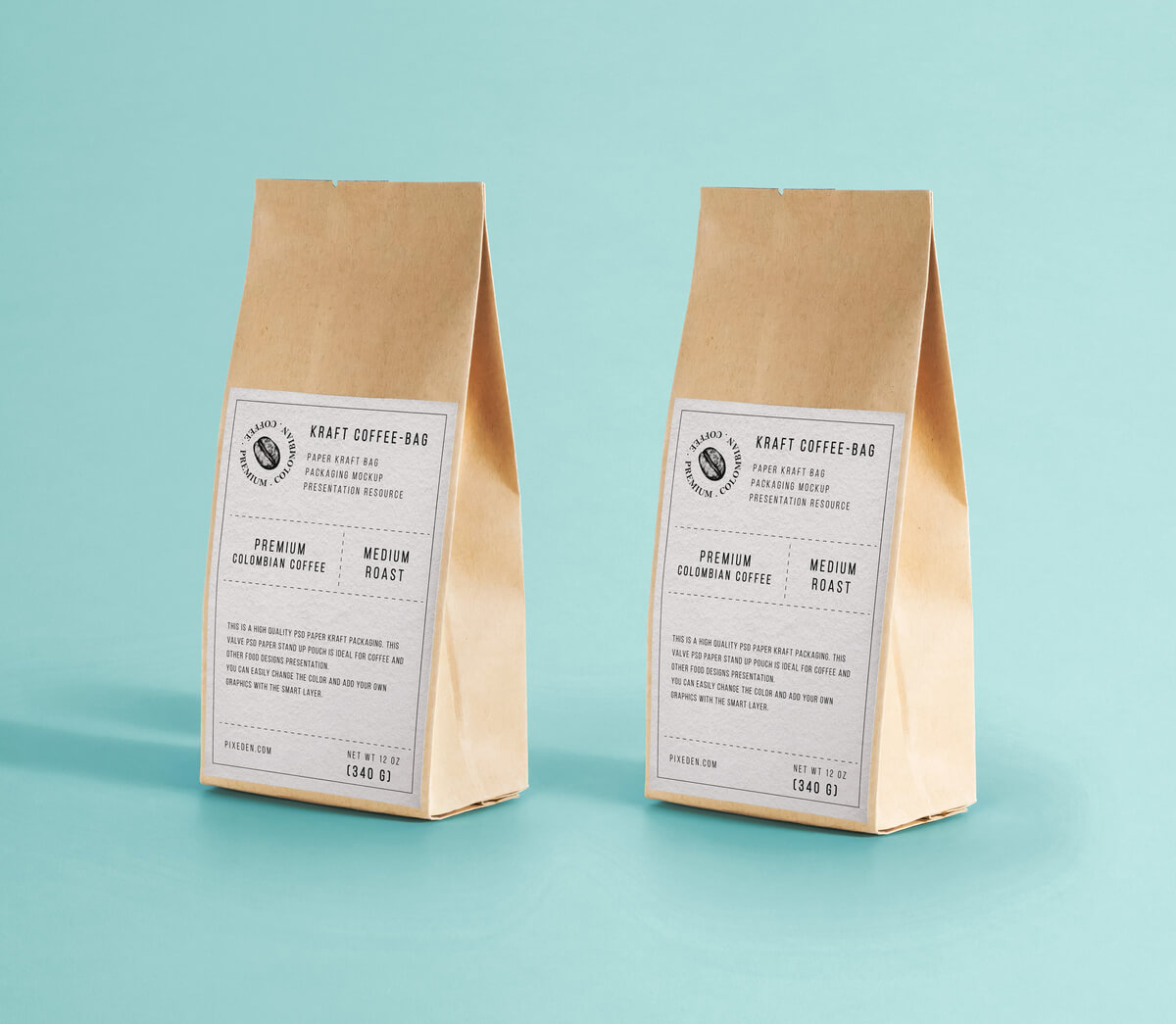 Free Dual Standing Kraft Paper Bag Mockup PSD for Coffee Packaging Design