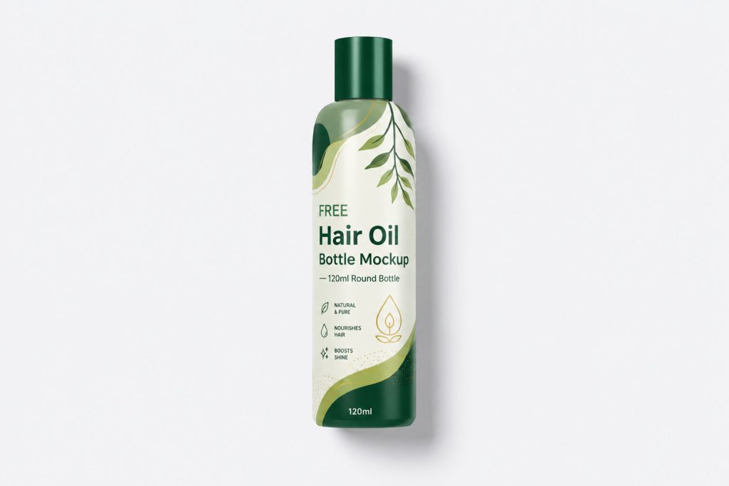 free 120ml hair oil bottle mockup PSD round disc cap 5K download