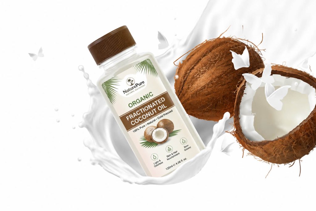 free coconut oil hair oil bottle mockup branding scene PSD download