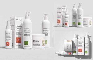 Free cosmetic mockup PSD featuring skincare bottles, boxes, spray bottle and cream jar for branding in Photoshop