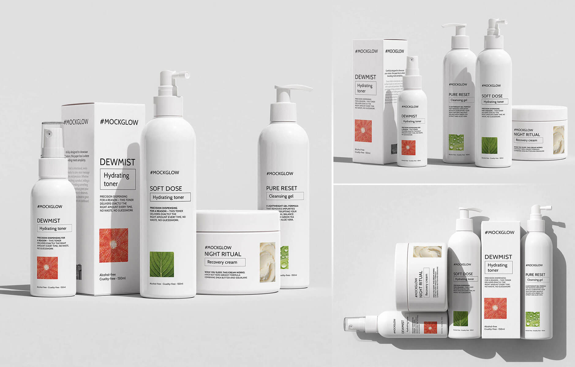 Free cosmetic mockup PSD featuring skincare bottles, boxes, spray bottle and cream jar for branding in Photoshop