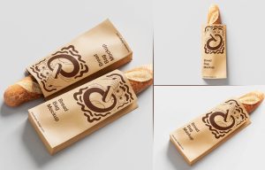 Free Bread Paper Bag Packaging Mockup PSD with French baguette for bakery branding using Photoshop smart object layers