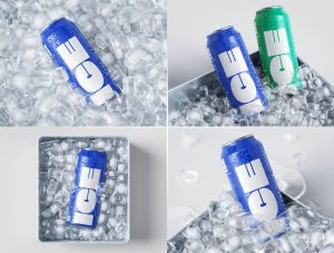 Free Soda Tin Can Mockup PSD in an ice bucket with realistic condensation for beverage branding in Photoshop