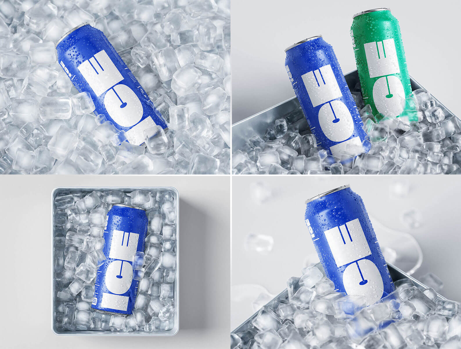 Free Soda Tin Can Mockup PSD in Ice Bucket – 4 Realistic Scenes