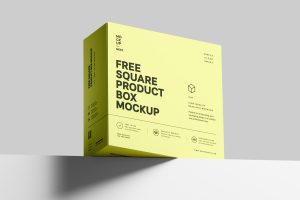 Free Packaging Box Mockup PSD showing a square product box for retail branding with Photoshop smart object layers