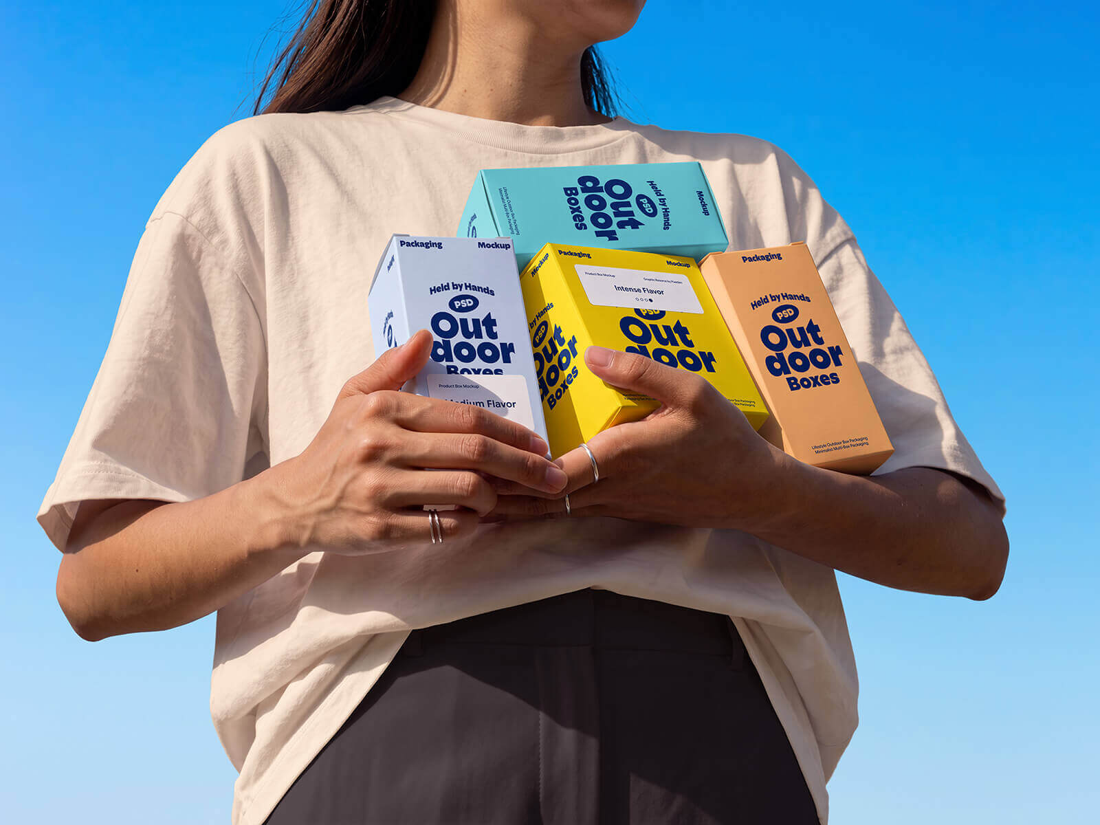 Free Handheld Product Boxes Packaging Set Mockup PSD