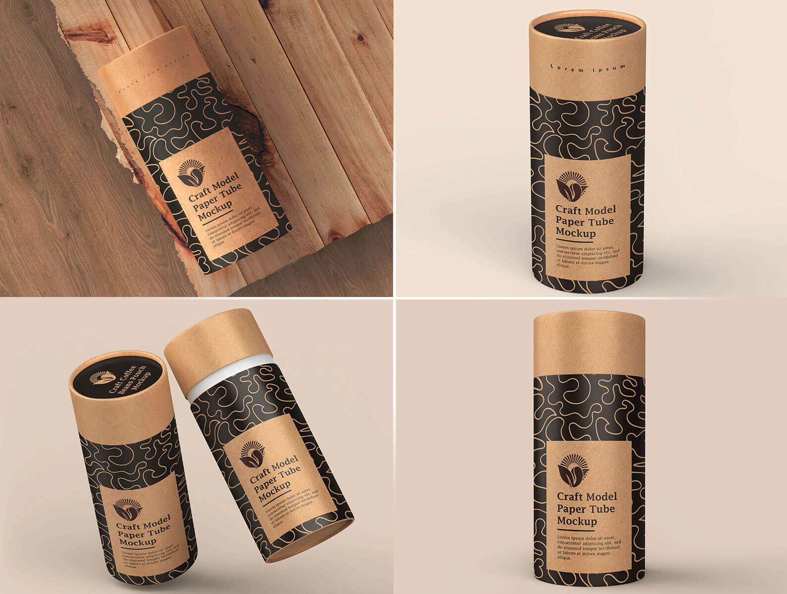 Free Kraft Paper Tube Packaging Mockup PSD — 4 Views
